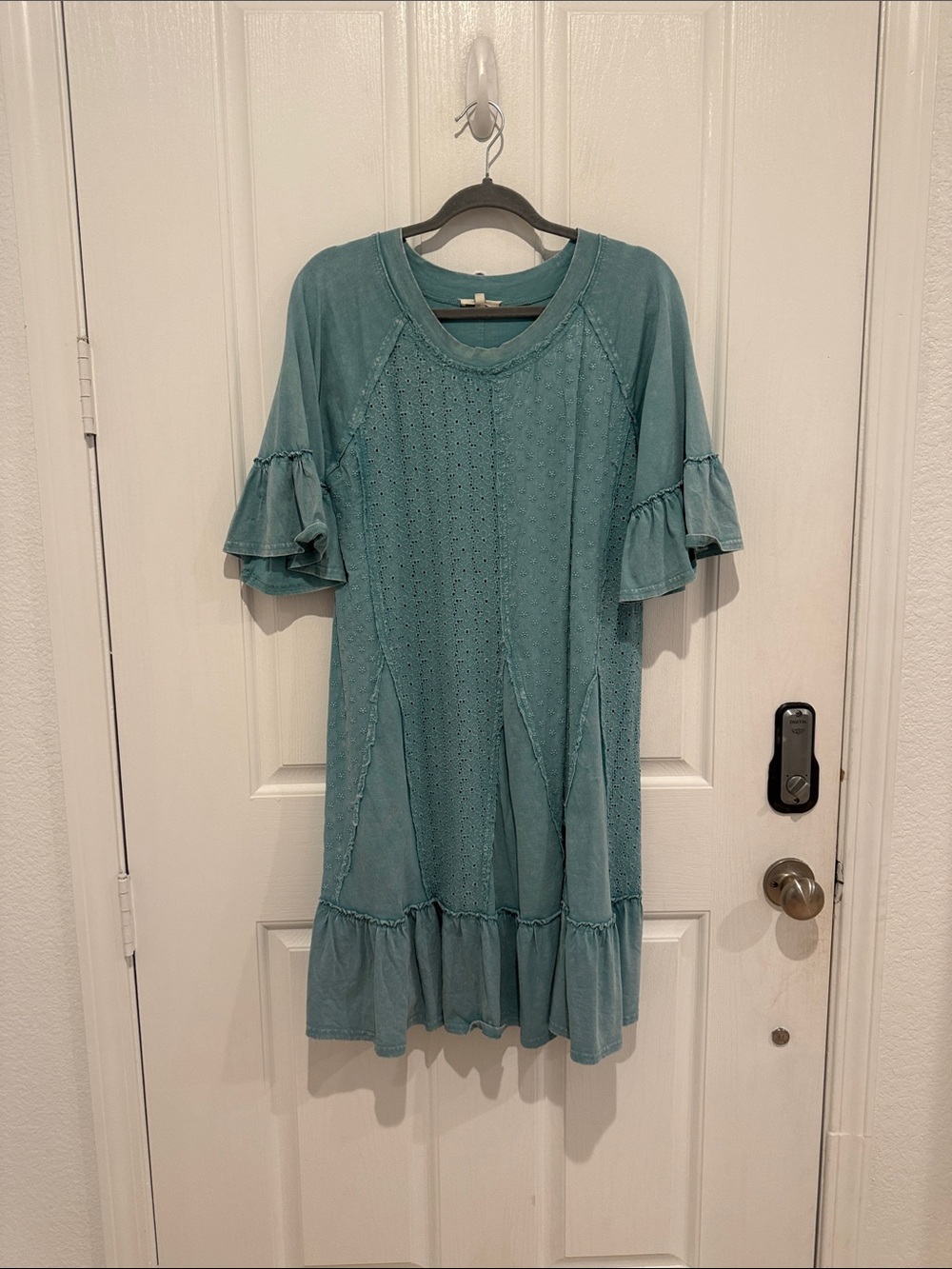 Easel Washed Teal Eyelet Ruffle Sleeve Dress - Picture 2 of 5